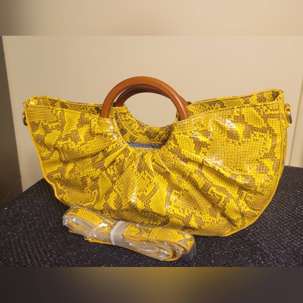 Yellow Snake Print Handbag with Wooden Handles